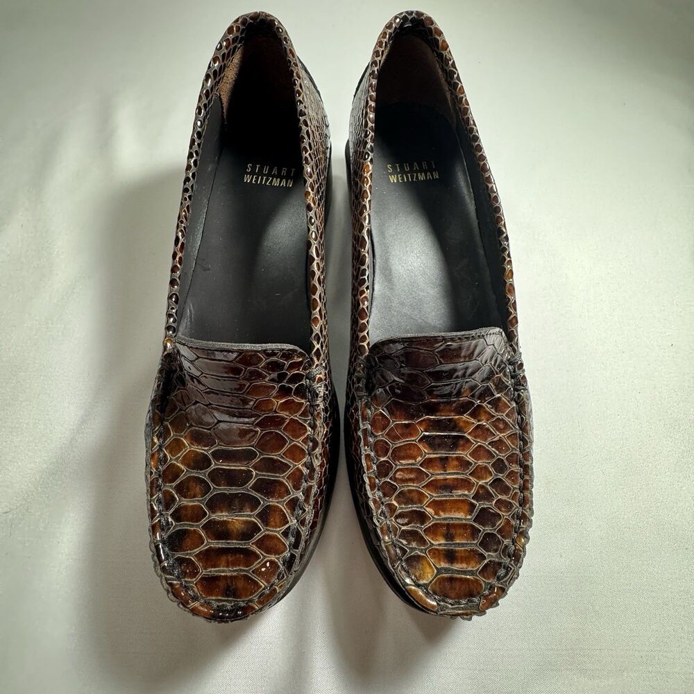 Stuart Weitzman Brown Snake Embossed Leather Loafers Size 6 Made Spain Classic